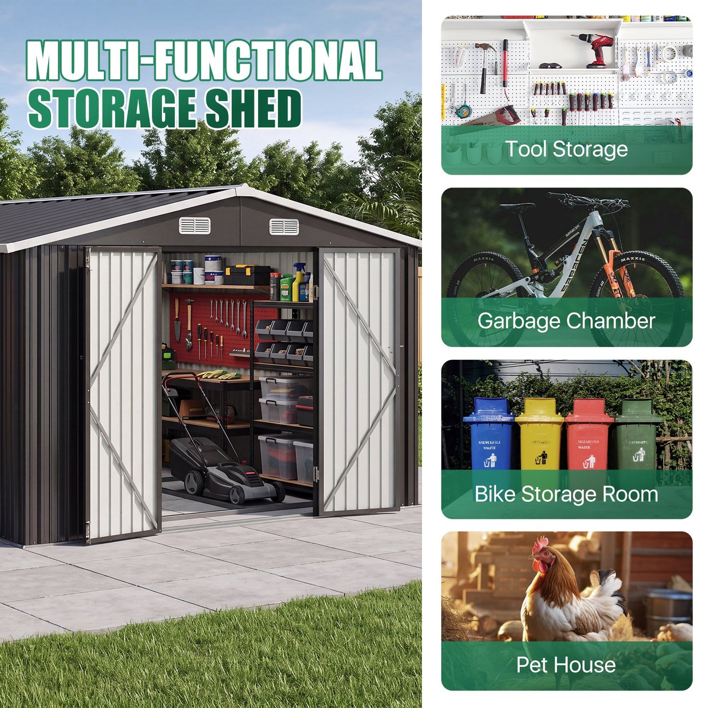 Clouddwell 10x12 ft Outdoor Storage Shed with Base, Large Metal Garden Tool Shed with Double Lockable Doors for Backyard, Patio, Black
