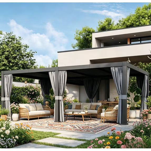 Sunmthink 12' x 20' Louvered Pergola, Outdoor Aluminum Pergola with Curtains & Netting for Decks, Gardens and Backyards, Gray