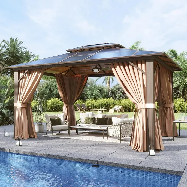 Aoxun 10 ft. x 12 ft. Hardtop Gazebo, Double Polycarbonate Roof Aluminum Frame Gazebo W/Curtain and Netting, Brown
