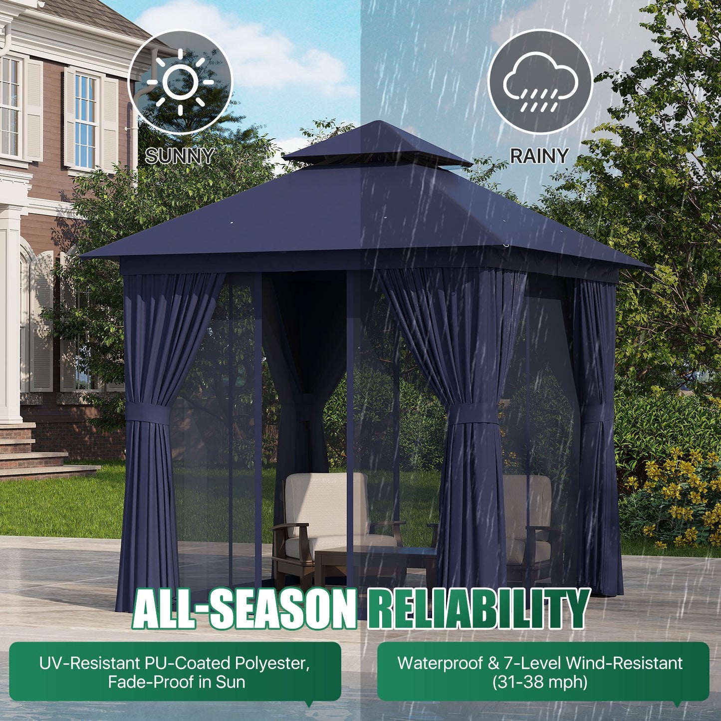 Clouddwell 8'x 8' Patio Gazebo Double Roof Protection All-Weather Outdoor Shelter Features Insect Screens & Privacy Curtains Ideal for Backyard, Lawn, (Blue)