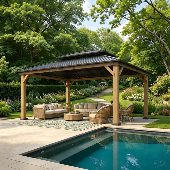 Clouddwell 12' × 16' Cedar Wood Hardtop Gazebo with Ventilated Double-Tier Metal Roof for Outdoor Patio & Backyard