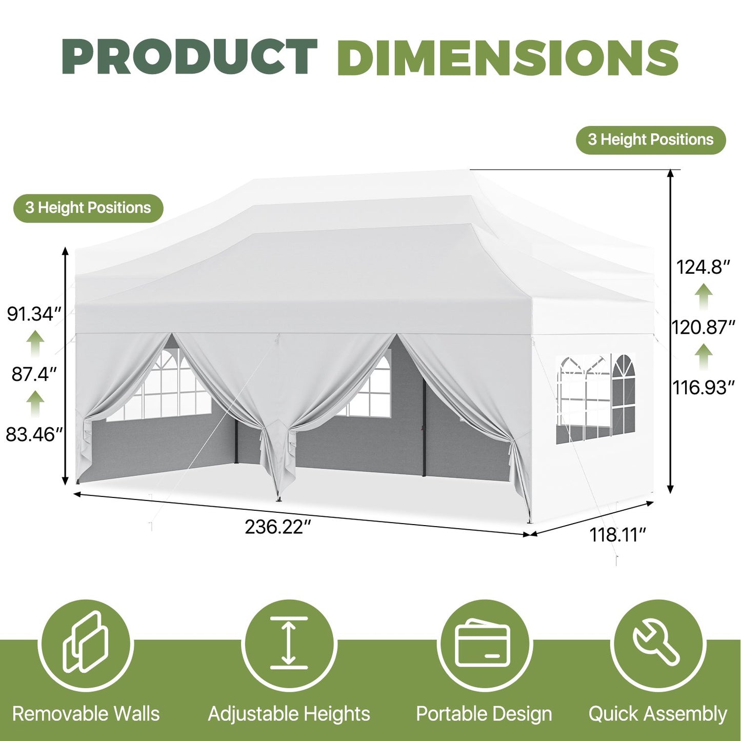 Clouddwell 10'x20' Pop Up Canopy Tent with 6 Removable Sidewalls, Adjustable Height Instant Outdoor Canopy, Portable Sun Shade Shelter with 4 Sandbags, Easy Setup for Parties, Camping, Events, White
