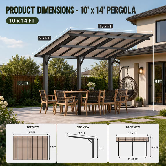 Dateyes 14'x10' Freestanding Hardtop Gazebo Pergola Heavy Duty Patio Carport with Multi Wall Polycarbonate Roof, Wall Mounted Awning for Decks, Weatherproof & Low Maintenance