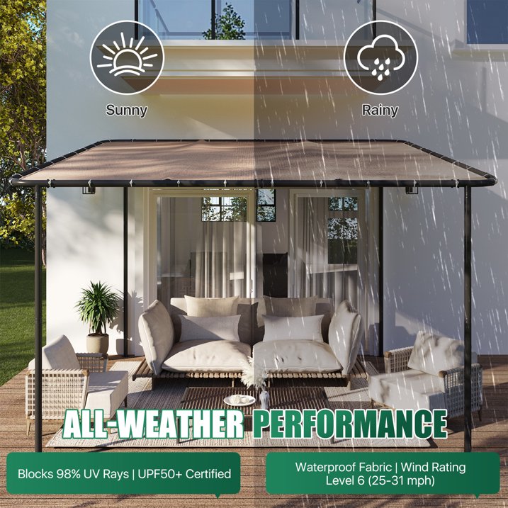 Clouddwell 10×12 FT Wall-Mounted Sloped Roof Outdoor Pergola Canopy, Water-Resistant & UV-Resistant Metal Patio Gazebo for Backyard Garden Porch in Khaki