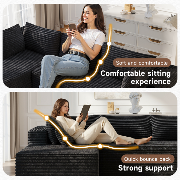 Sunmthink Cloud Couch Corduroy Modular Sectional Sofa L-Shape Boneless Couch with Wide Armrests and Cup Holders for Living Room Bedroom, No Assembly Required (Black)