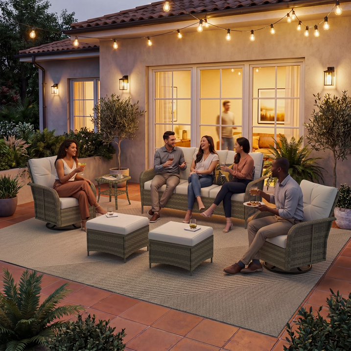 Sunmthink 6-Piece Patio Furniture Set, High Back Swivel Rocker Chairs with Thick Cushions, Wicker Rattan Outdoor Sectional Sofa with Ottoman, Gray