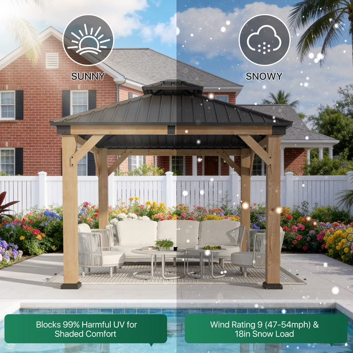 Clouddwell 10*10FT Upgraded Cedar Gazebo,Cedar Hard Roof Gazebo,with Double-Layer Galvanized Steel Roof,Suitable for Backyard,Desk,and Lawn