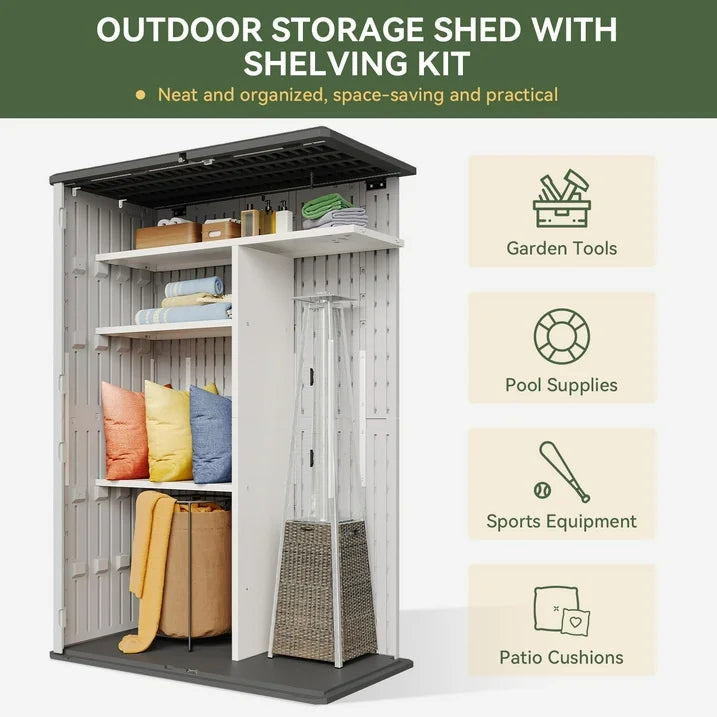 Aoxun Outdoor Resin Storage Shed with Metal Shelving Kit & Floor, 64 Cu.Ft Vertical Waterproof Storage Cabinet for Garage Storage, Pool Storage, Bike Shed, Garden Tools, Patio Furniture (White)