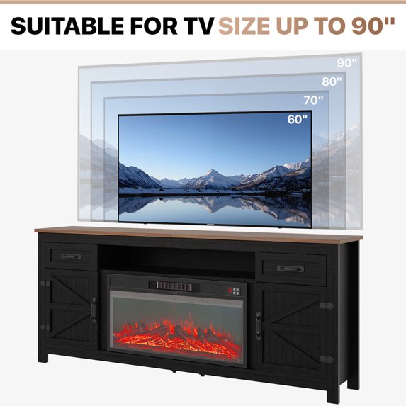 Sonegra 80" Fireplace TV Stand, Entertainment Center for TVs Up to 90”, TV Console with Storage Cabinets, Media Console for Living Room, White TV Stand and Black Fireplace, Black