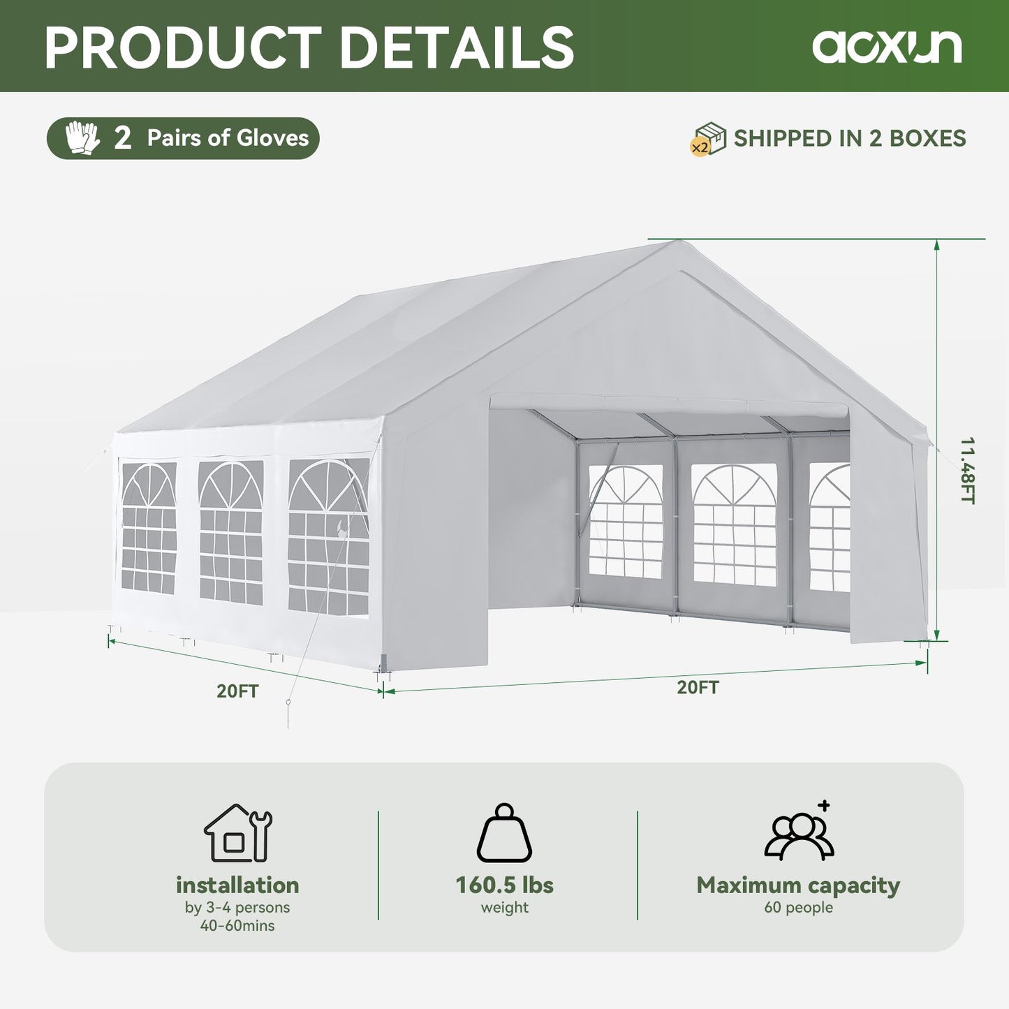 Dateyes Wedding & Event Tent, 20x20 FT White Canopy with Removable Sidewalls, Waterproof Party Tent for Outdoor Gatherings, BBQ, Birthday, Camping