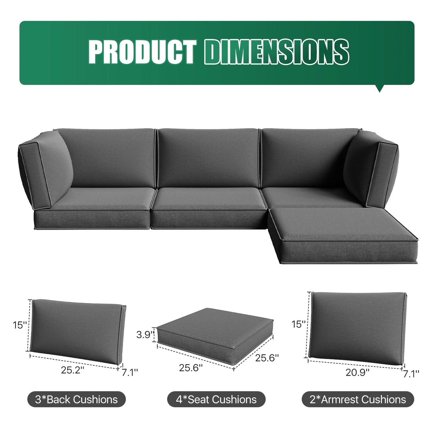 Clouddwell 9-Piece Premium Outdoor Cushion Set, High-Resilience Waterproof Cushions for 4-Seat Wicker Sectional, Comfort Upgrade (Dark Gray)