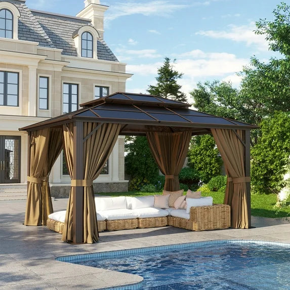 Clouddwell 10'x12' Hardtop Gazebo - Polycarbonate Double Roof with Netting & Curtains for Patio, Garden Sun Protection,Browm