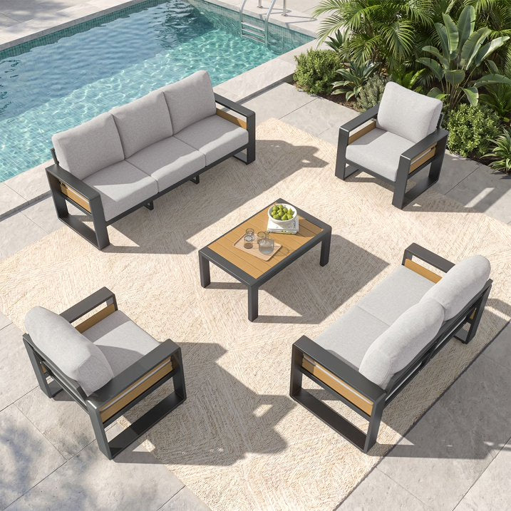 Clouddwell 7-Seats Aluminum Patio Furniture Set, Outdoor Metal Sofa Conversation Set with Coffee Table for Pool Garden Porch Backyard, Light Gray