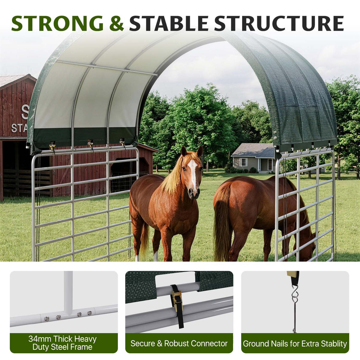 Dateyes 10' x 10' Corral Shelter Shed, Horse Shelter, Livestock Shade, Waterproof & UV Treated Cover, Quick Assembly for Horses, Goats, and Farm, Green