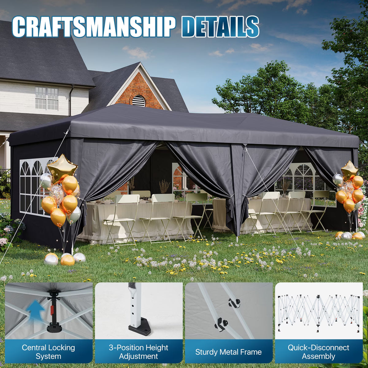 Dateyes 10x20 Pop Up Canopy Tent, Waterproof Party Tent with 6 Removable Sidewalls, 3-Level Height Adjustable Event Tent, Instant Shelter for Wedding, Party, Commercial & Market Events,Gray