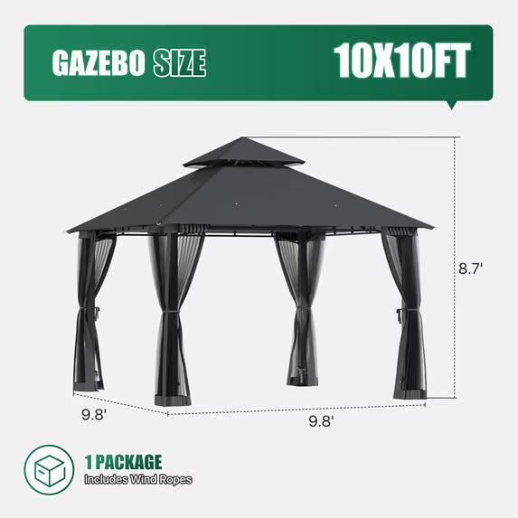LazySunsets 10'x 10' Patio Gazebo Double Roof Protection All-Weather Outdoor Shelter Features Insect Screens for Backyard, Lawn, (Gray)