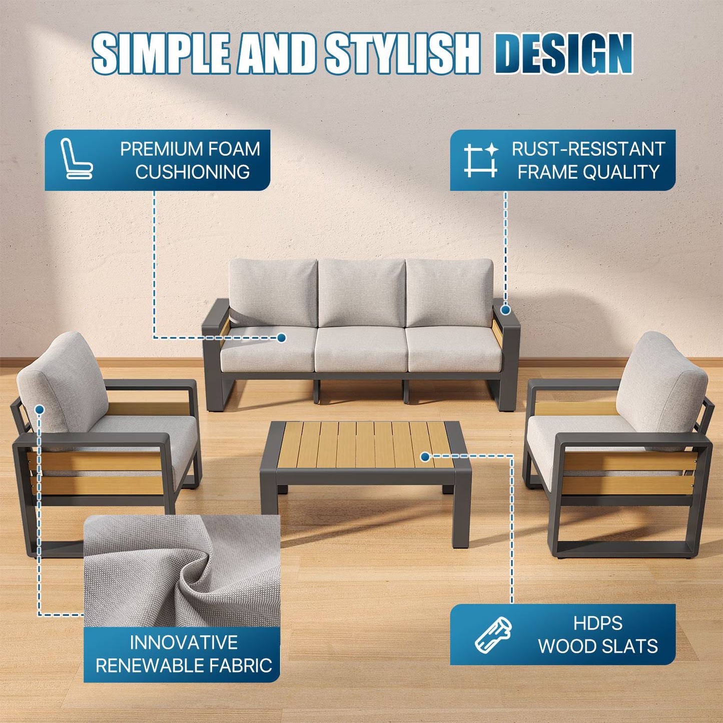 Clouddwell 5-Seats Aluminum Patio Furniture Set, Outdoor Metal Sofa Conversation Set with Coffee Table for Pool Garden Porch Backyard, Light Gray