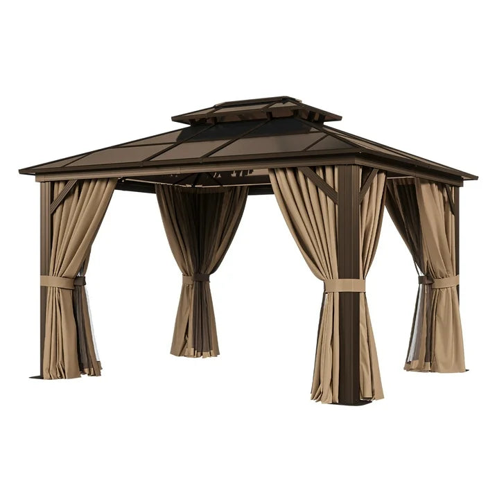 Sunmthink 10' x 12'Hardtop Gazebo,Polycarbonate Double Roof,Aluminum Frame with Curtains and Netting for Patio,Garden,Brown