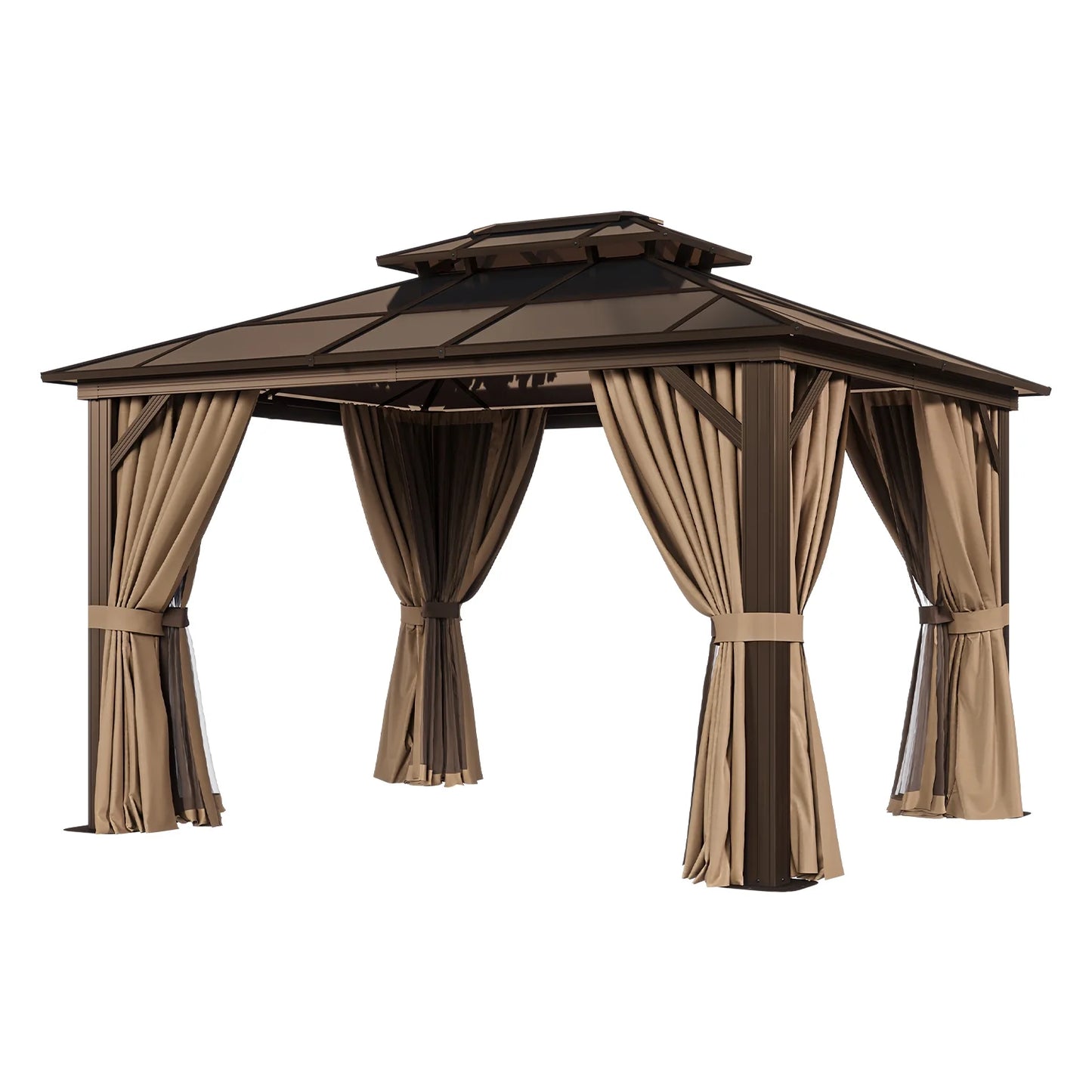 Sunmthink 10'x12' Hardtop Steel Gazebo - Durable Polycarbonate Double-Roof Design with Included Privacy Curtains & Bug Netting - Ideal for Gardens, Patios and Backyards (Brown)