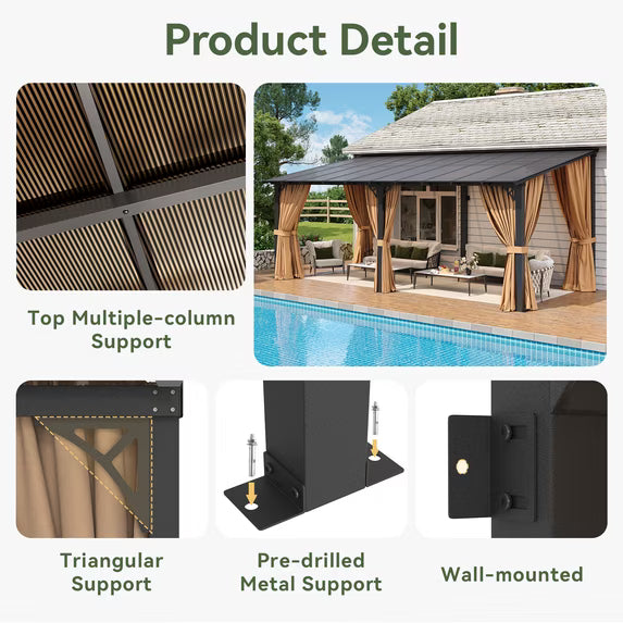 Aoxun 10'x20' Lean to Gazebo with Mosquito Net and Curtains, Aluminum Frame, Polycarbonate Panel, Wall Mounted Pergola with Sloped Roof for Backyard, Porch, Deck