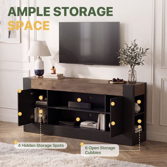 Sonergra Two‑Tone Modern Farmhouse TV Stand for TVs up to 80 Inch 70 Inch Wood Entertainment Center with Cabinets Open Shelves and Cable Holes for Living Room,Black