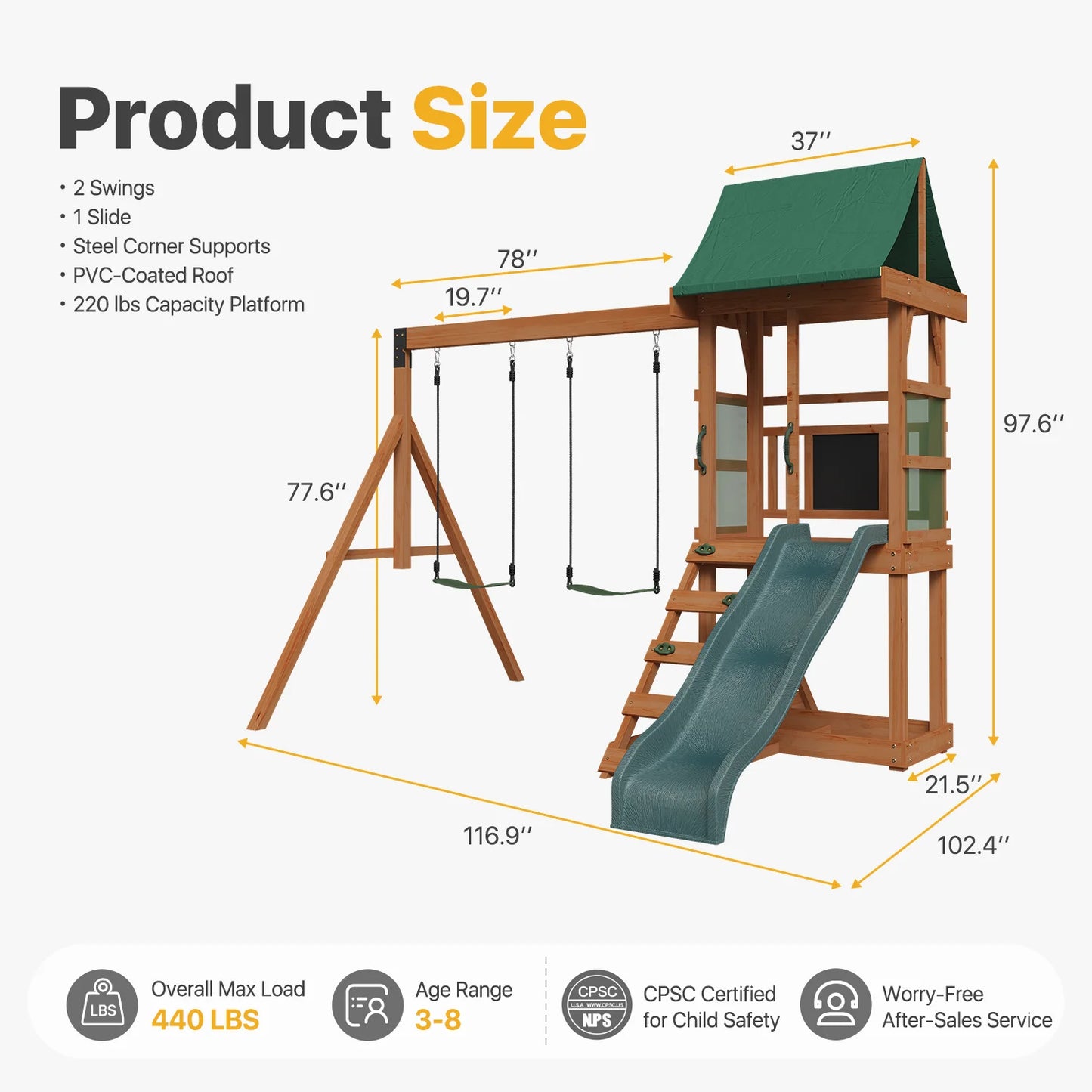 Clouddwell Wooden Swing Set for Backyard Playground Swingset with Slide Kid Outdoor Play Set with Play Deck, Rock Wall Ladder, Belt Swings, Chalkboard