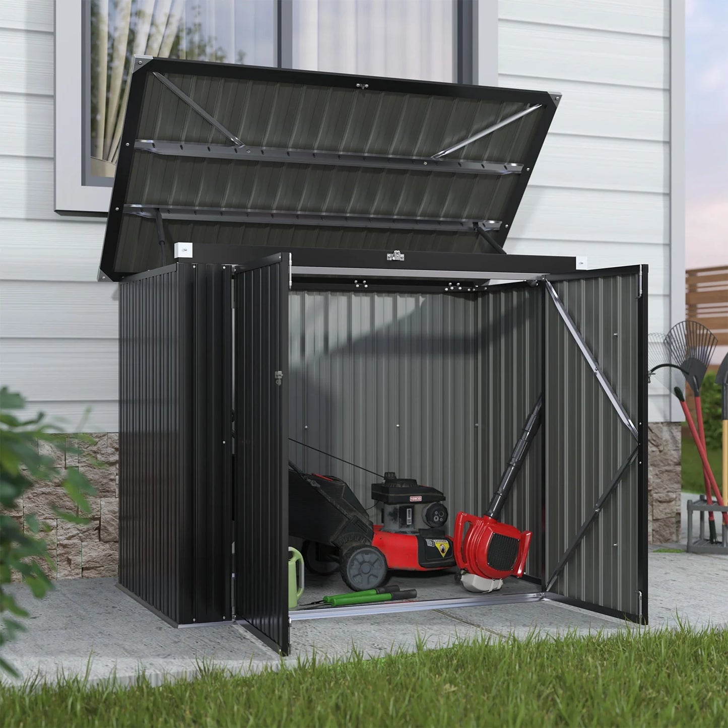 Clouddwell 3 x 6 FT Trash Can Storage 79 Cu Ft, Storage Shed Outdoor Metal Garbage Can Shed with Lockable Doors and Easy Lift Hinges, Black