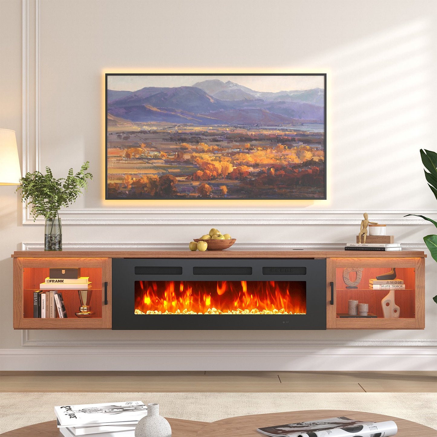 Sonegra 70" Floating TV Stand with 36" Electric Fireplace, High Gloss Finish Wall Mounted Fireplace Entertainment Center with Storage for TVs Up to 80", Brown