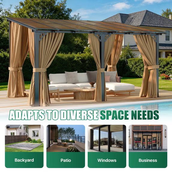 LazySunsets 10x14 FT Wall-Mounted Aluminum Gazebo Polycarbonate Roof with Full Mosquito Netting & Privacy Curtains