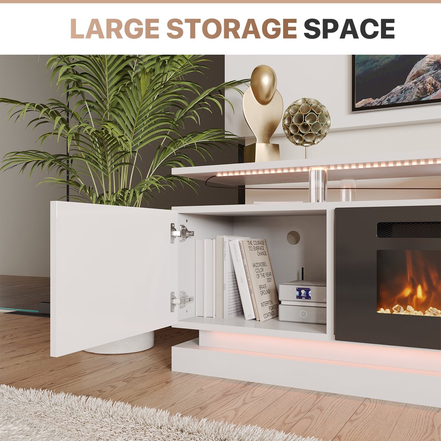 Sonegra Modern Fireplace TV Stand for TVs Up to 80" with music sync LED, 70" Entertainment Center with Electric Fireplace, TV Console with Storage Cabinets for Living Room, White