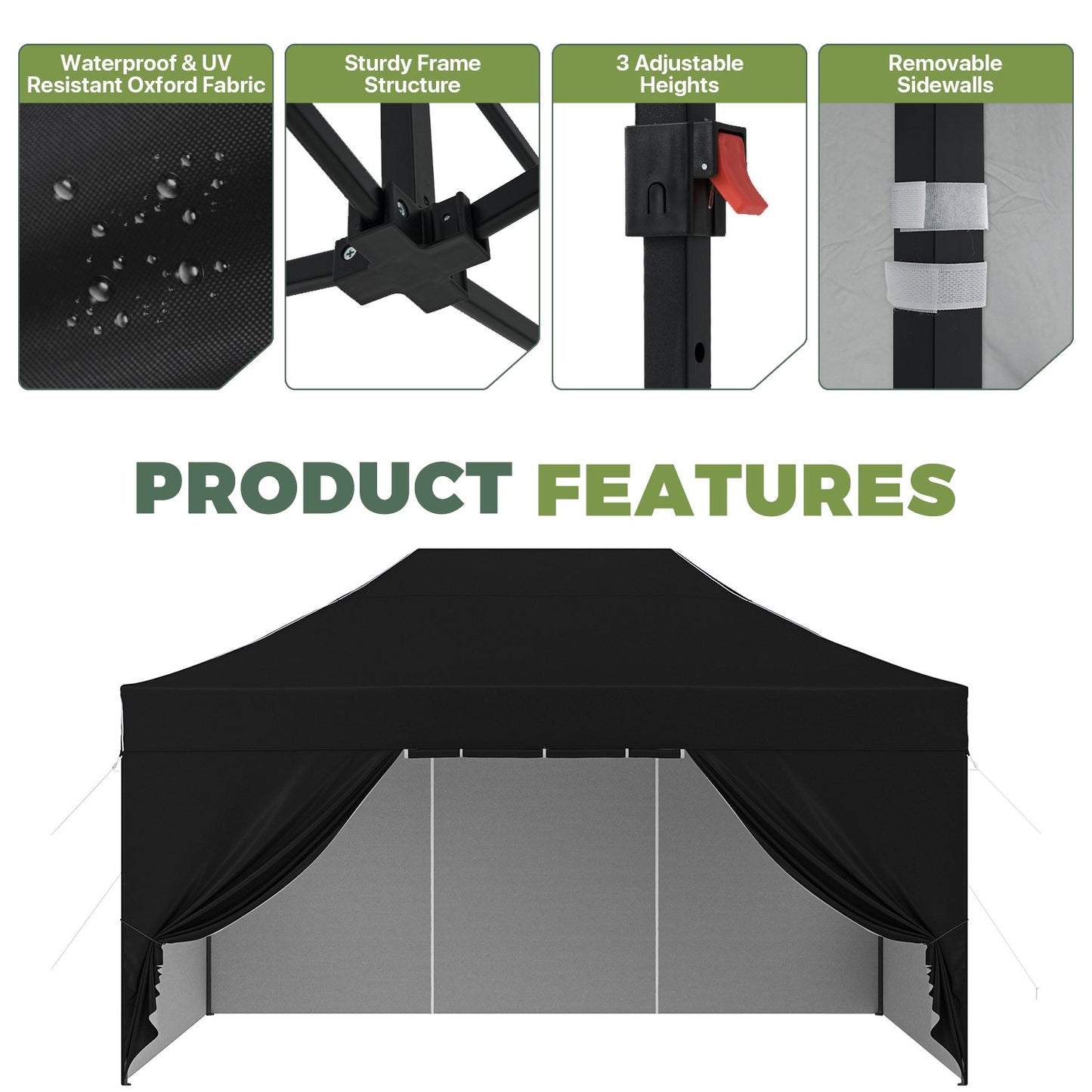 Clouddwell 10'x15' Pop Up Canopy Tent with Removable Sidewalls, Adjustable Height Instant Outdoor Canopy, Portable Sun Shade Shelter with 4 Sandbags, Easy Setup for Events, Parties, Black