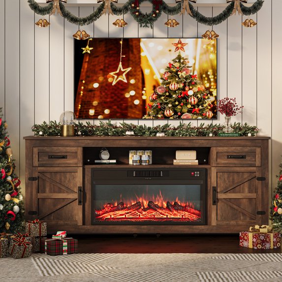 Sonegra 80" Fireplace TV Stand, Entertainment Center for TVs Up to 90”, TV Console with Storage Cabinets, Media Console for Living Room, White TV Stand and Black Fireplace, Brown