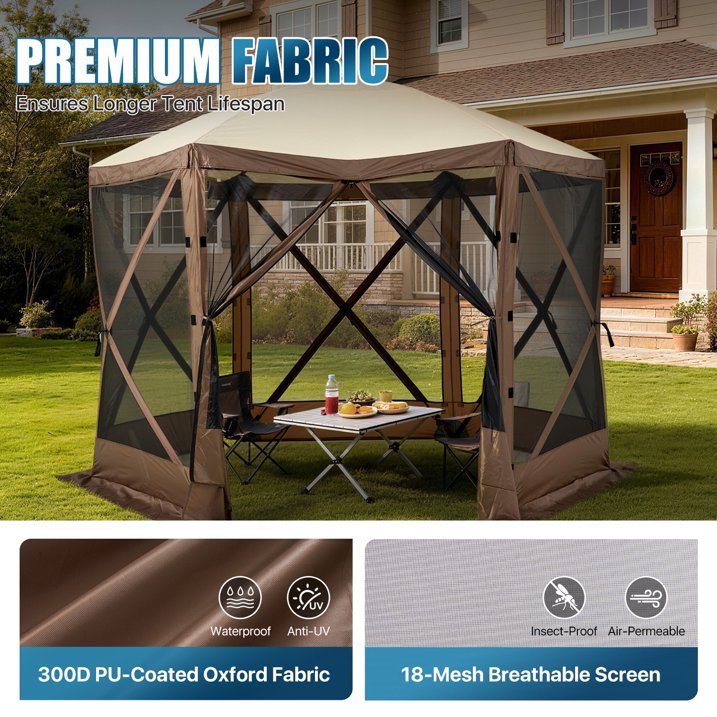 Sunmthink 10x10 FT Pop-up Gazebo Screen Tent, 6-Sided Camping Canopy Shelter with Waterproof UV-Blocking Top, Includes Carry Bag & Accessories for Outdoor Backyard & Lawn, Brown