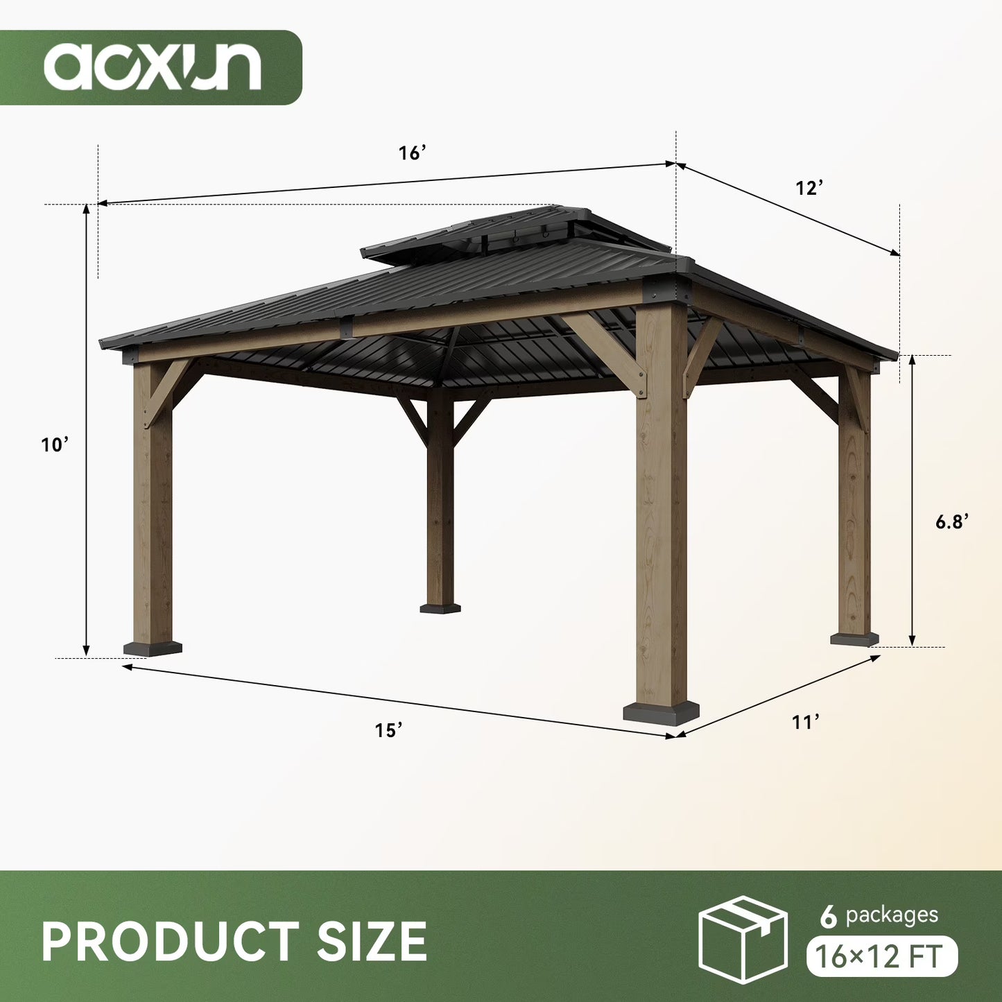 Aoxun 12' x 16' Outdoor Wood Gazebo, Hardtop Gazebo Permanent Wooden Pavilion with Galvanized Steel Double Roof, for Patio, Garden, Backyard, Cedar Wood
