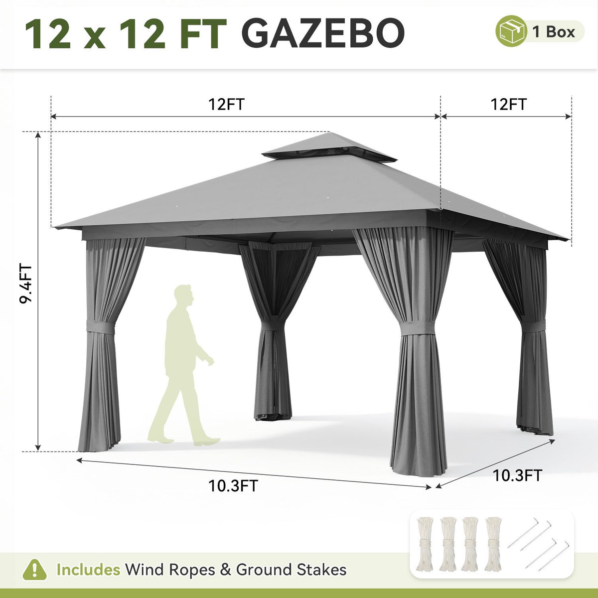 Sunmthink Outdoor Gazebo for Patio 12'x12', Metal Frame Canopy with Double Roofs, Heavy Duty Party Tent and Shelter with Mosquito Netting and Privacy Screen for Backyard,Garden,Deck (Gray)