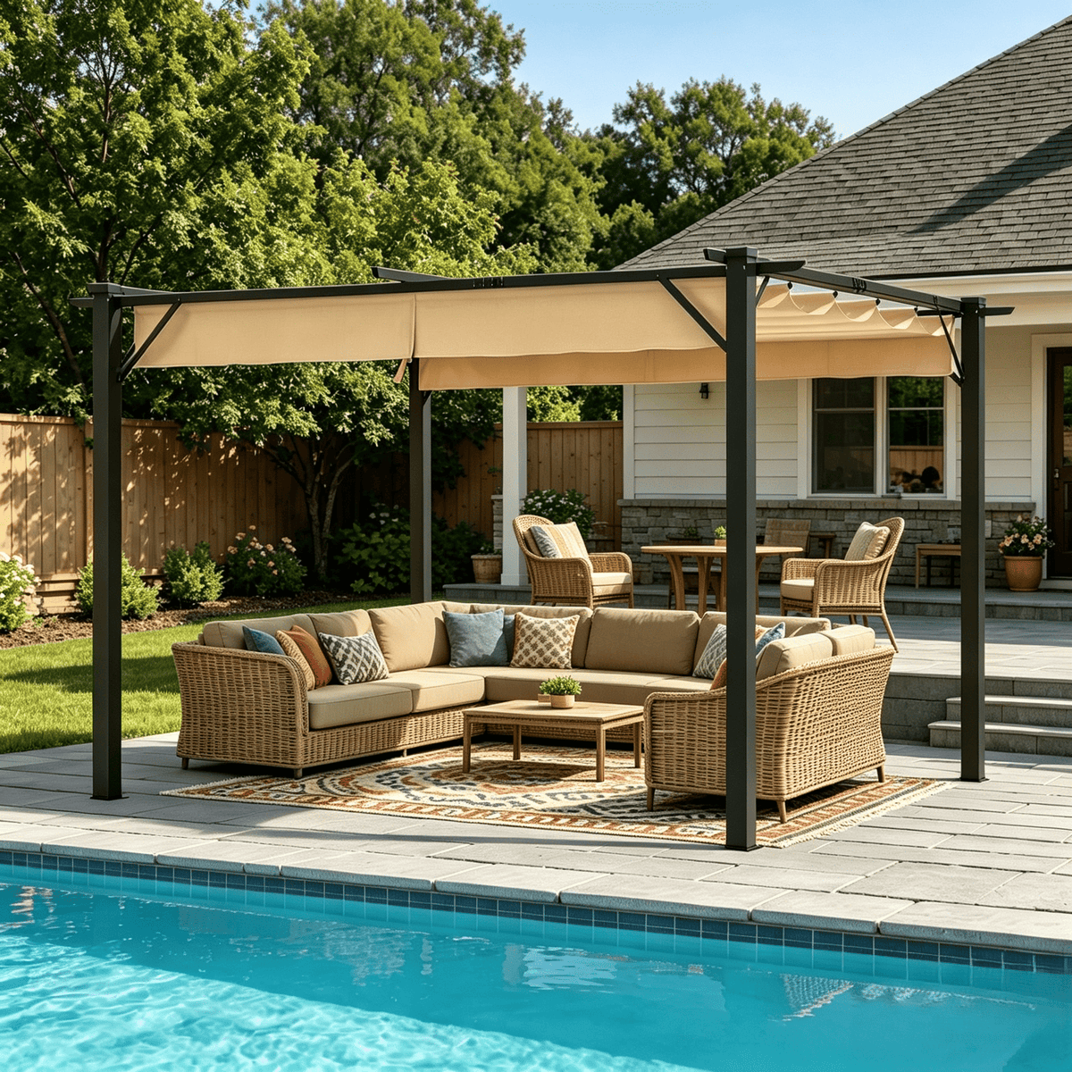 Clouddwell 10x10 ft Outdoor Pergola with Retractable Canopy, Heavy-Duty Metal Frame Patio Pergola for Backyard & Garden, UV Protection Sun Shade, Khaki