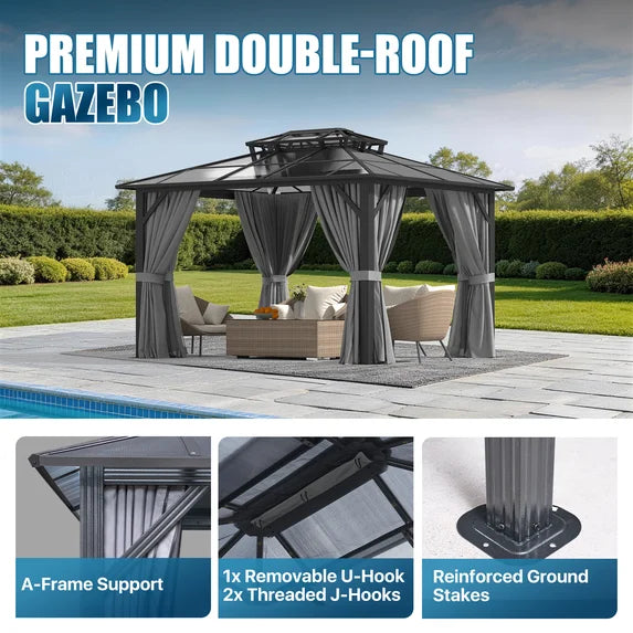Sunmthink 10' x 12' Hardtop Gazebo,Polycarbonate Double Roof,Aluminum Frame with Curtains and Netting for Patio,Garden,Gray
