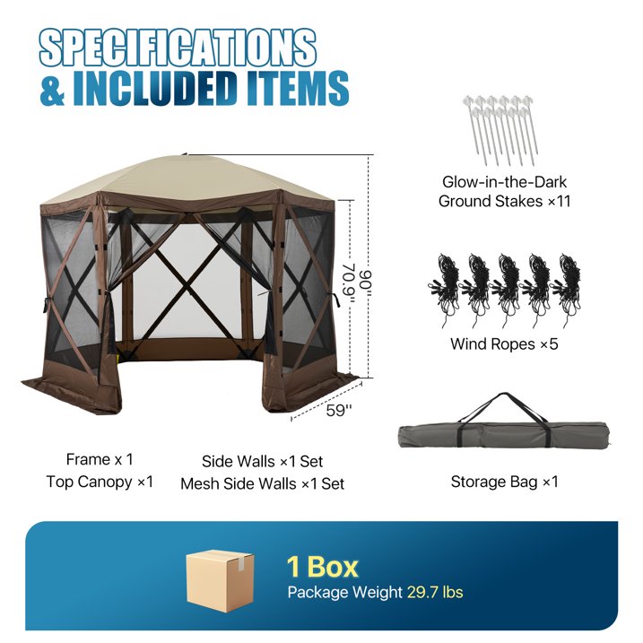 Sunmthink 10x10 FT Pop-up Gazebo Screen Tent, 6-Sided Camping Canopy Shelter with Waterproof UV-Blocking Top, Includes Carry Bag & Accessories for Outdoor Backyard & Lawn, Brown