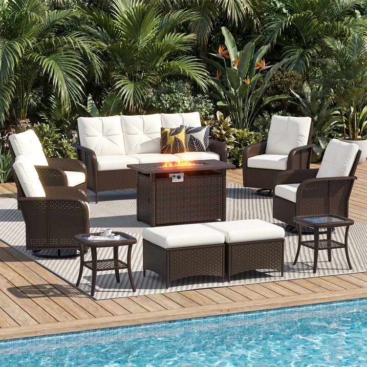 Sunmthink 10-Piece Patio Furniture Set, High Back Swivel Rocker Chairs with Thick Cushions, Wicker Rattan Outdoor Sectional Sofa with Fire Pit & Ottoman, Beige