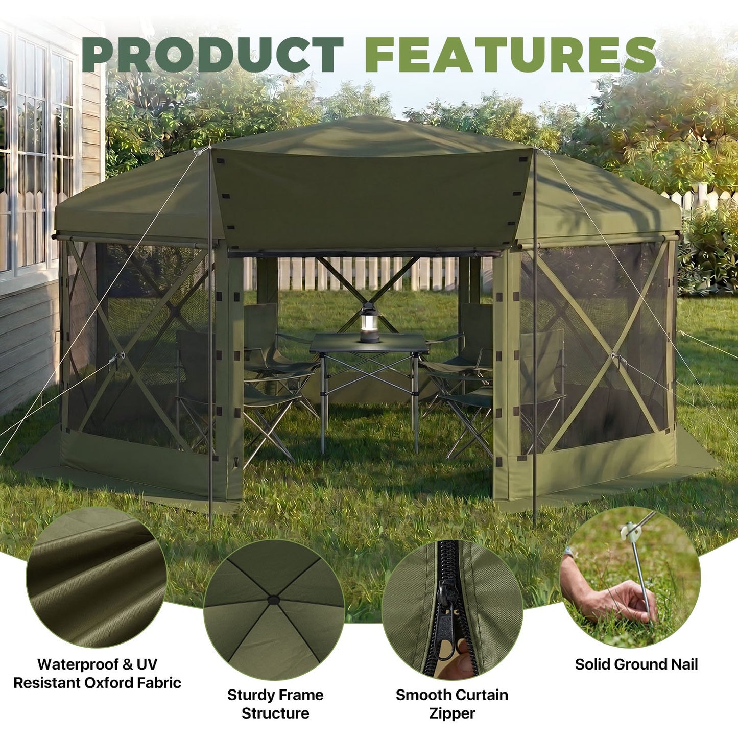 Clouddwell 15'x15' Outdoor Pop Up Gazebo, Screen Tent with Removable Top & Mosquito Netting, Camping Canopy Tent, Waterproof, UV Resistant, Portable Carry Bag, Green
