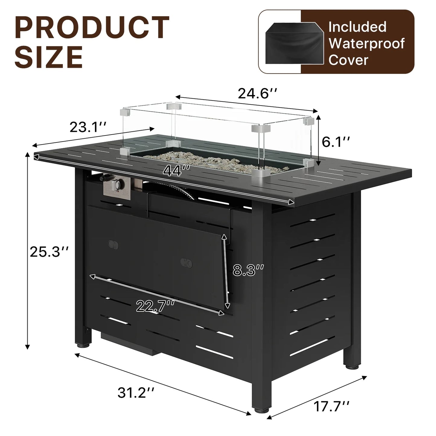 Sunmthink 44" Propane Fire Pit Table, 60,000 BTU Auto Ignition Steel Gas Fire Pit with Removable Lid & Waterproof Cover for Patio, Backyard, Black