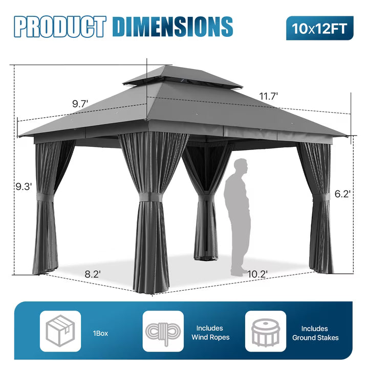 Dateyes 10x12 FT Outdoor Gazebo, Double Roof Patio Shelter with Netting Screens and Privacy Curtains, Heavy-Duty Weatherproof Canopy for Backyard, Deck, and Lawn, Gray