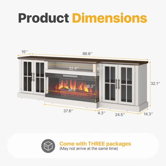 Sonegra 87" Farmhouse TV Stand with Fireplace for TVs up to 90", Media Entertainment Center with Adjustable Shelves and Large Storage Cabinets, for Living Room, White