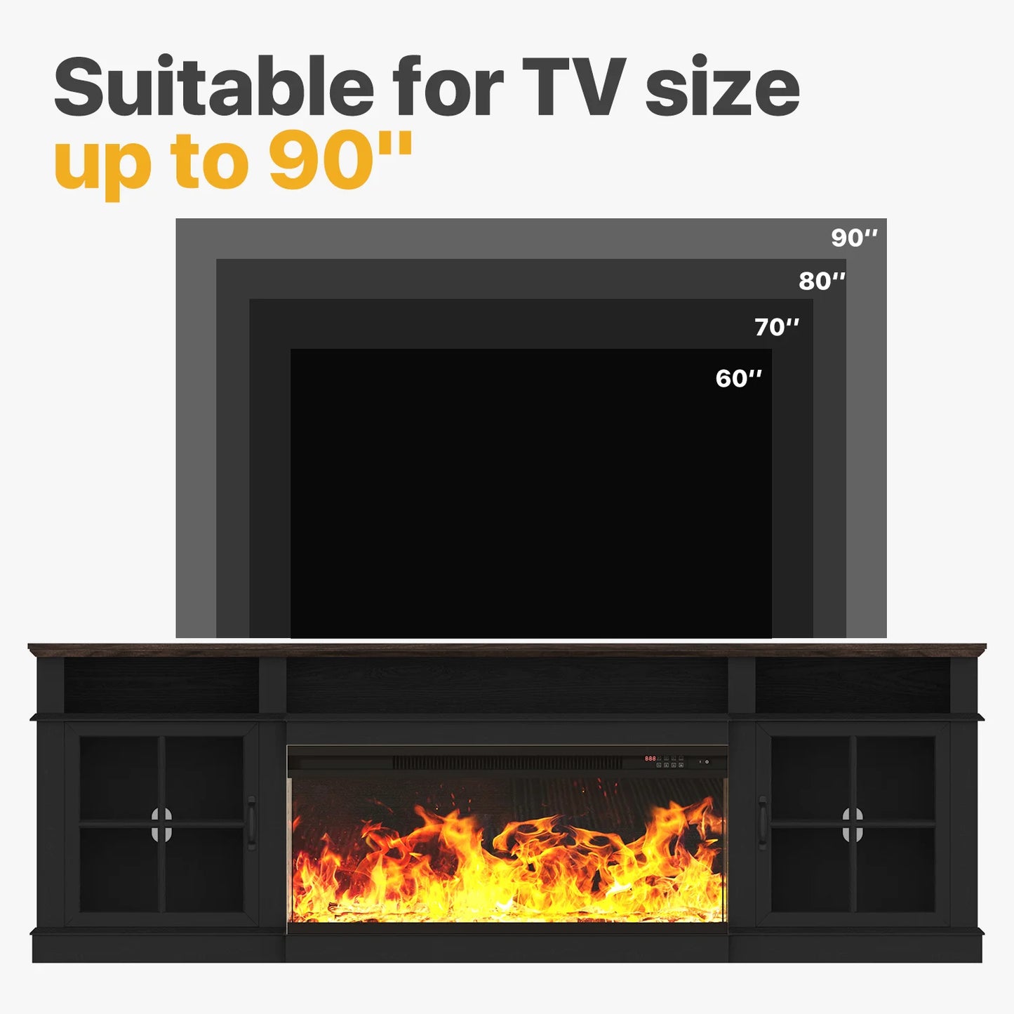 Sonegra 80 inch Fireplace TV Stand for TVs up to 90" with Electric Fireplace, Farmhouse Entertainment Center with LED Lights and Glass Door, Modern TV Consoles for Living Room, Black