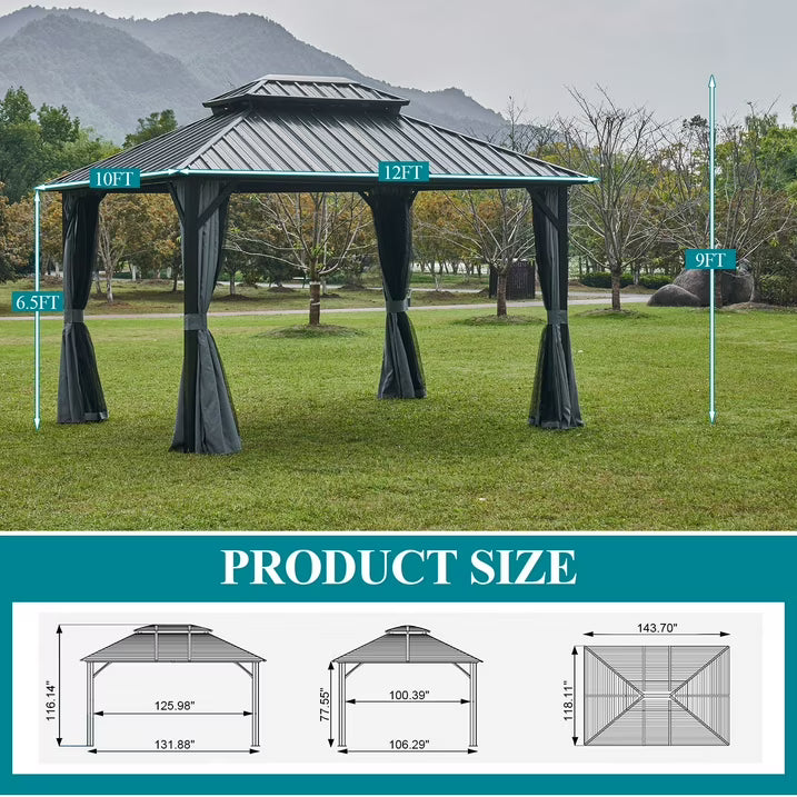 Aoxun 10'x12' Hardtop Gazebo, Outdoor Steel Double Roof Canopy, Aluminum Frame Permanent Pavilion with Curtains and Netting, Sunshade for Garden, Patio, Lawns, Black