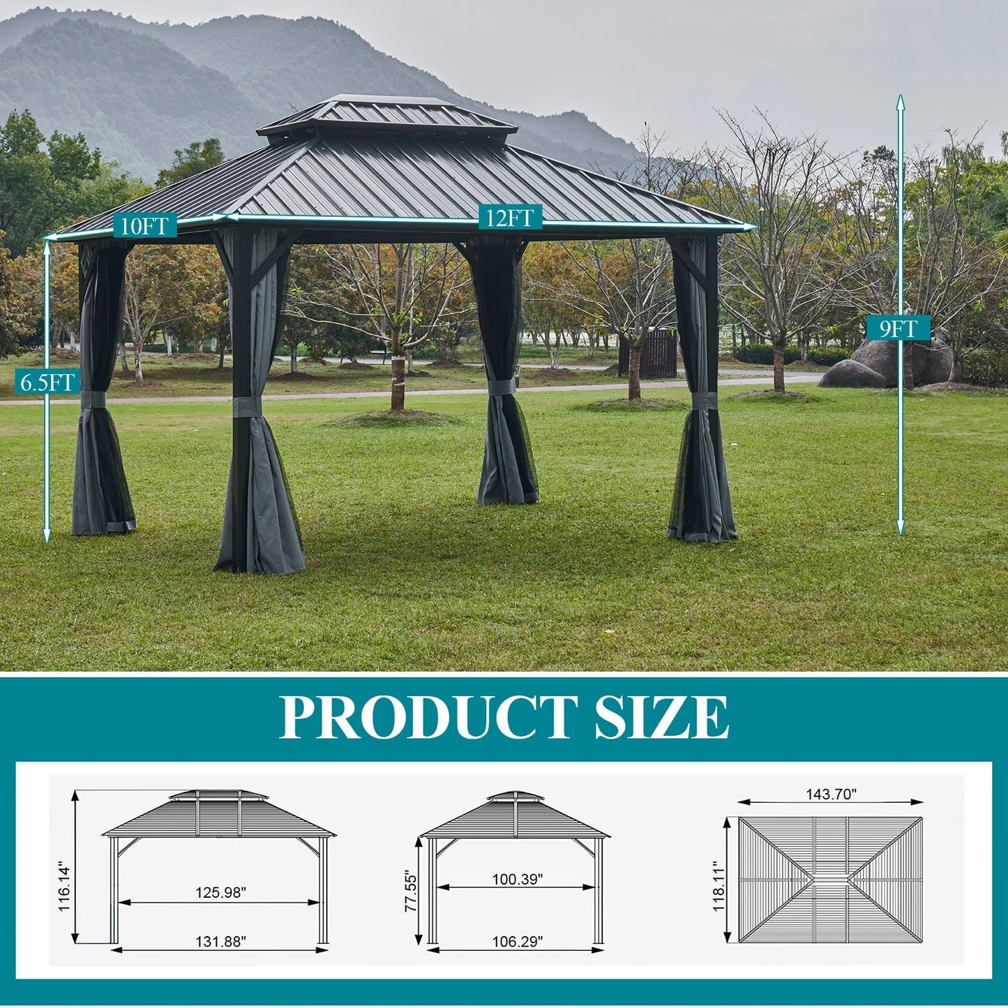 Aoxun 10'x12' Hardtop Gazebo, Outdoor Steel Double Roof Canopy, Aluminum Frame Permanent Pavilion with Curtains and Netting, Sunshade for Garden, Patio, Lawns, Black