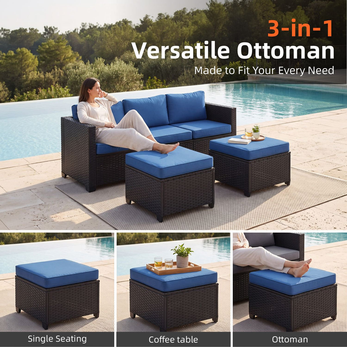 Dateyes 7 Seats Patio Furniture Set, Rattan Wicker Outdoor Conversation Sectional Sofa Set with Storage Coffee Table and Waterproof Cover,Blue