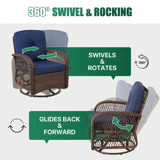 3 Piece Patio Furniture Set Swivel Outdoor Chair Wicker Rattan Patio Conversation Set Outdoor Sectional Sofa Set with Coffee Table and Blue Cushions