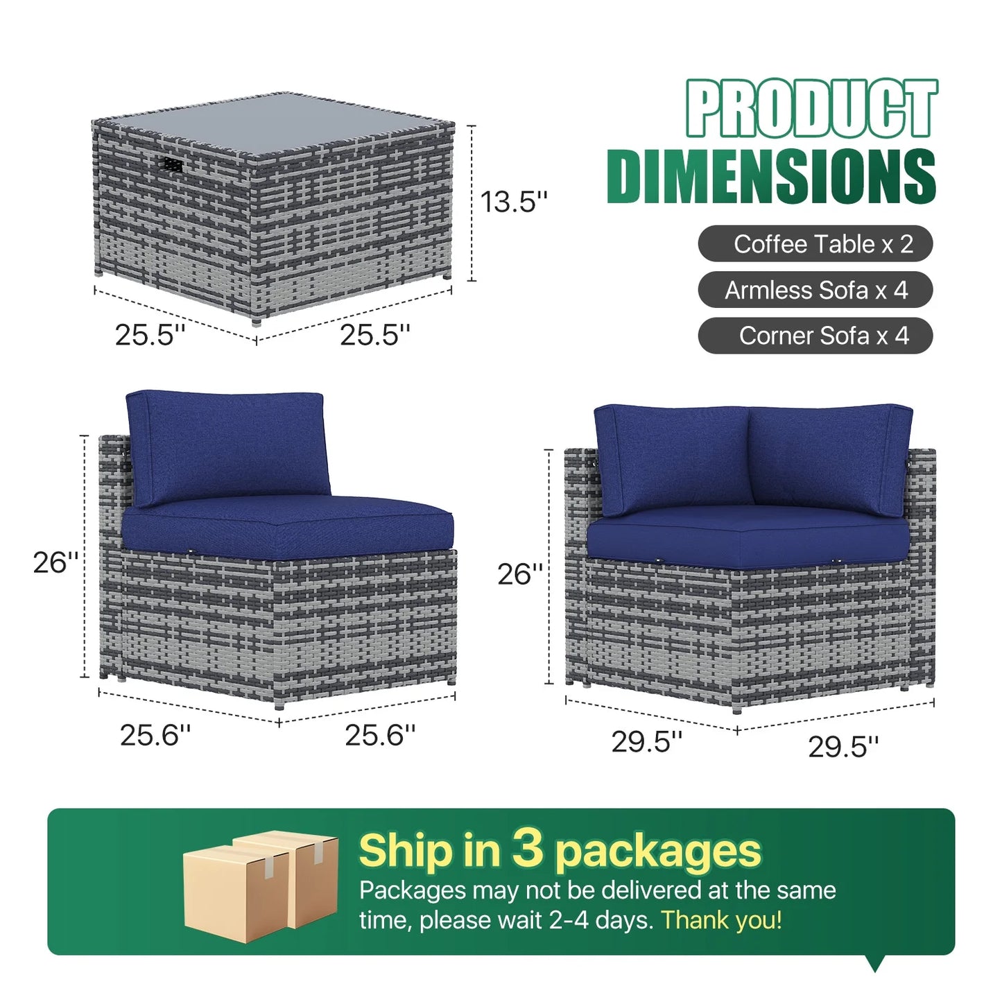 Clouddwell 10 Piece Patio Furniture Set Wicker Rattan Patio Conversation Set Outdoor Sectional Sofa Set with Coffee Table and Blue Cushions(Waterproof Cover Included)