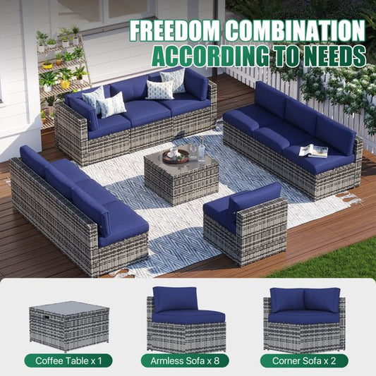 Clouddwell 11 Piece Patio Furniture Set Wicker Rattan Patio Conversation Set Outdoor Sectional Sofa Set with Coffee Table and Blue Cushions(Waterproof Cover Included)